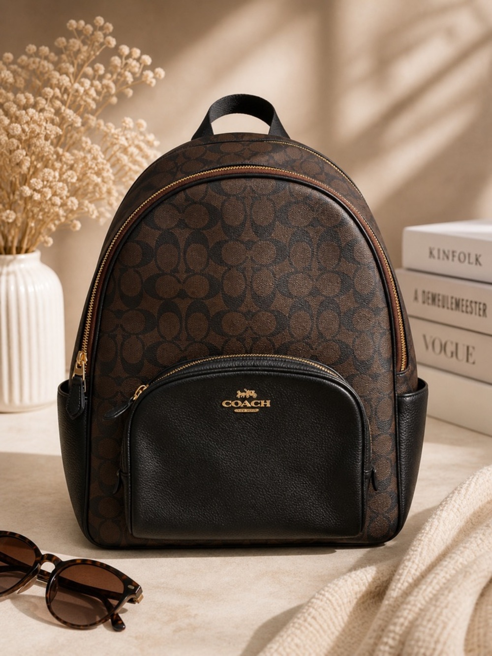 Coach Signature Court Backpack Brown Black Monogram Leather E2221-6495 Large